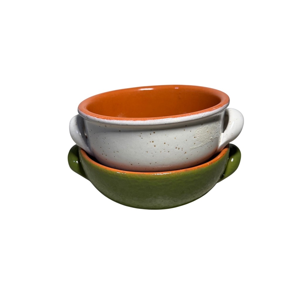 De Silva Italy Terracotta Soup Bowls Set of 2 Green White Ceramic Crocks Handles